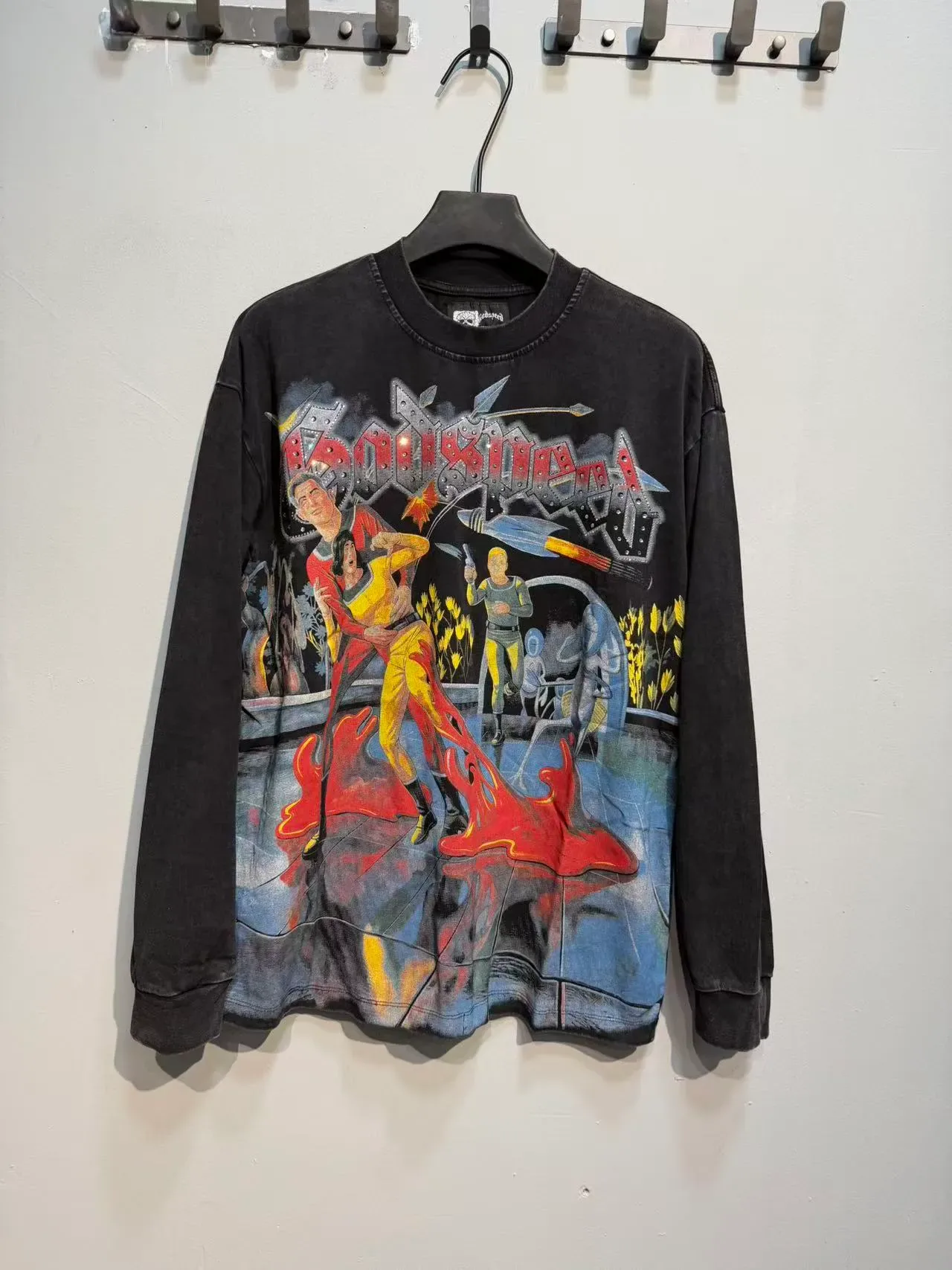 Distressed Acid-Wash Black Long-Sleeve Graphic T-Shirt 2