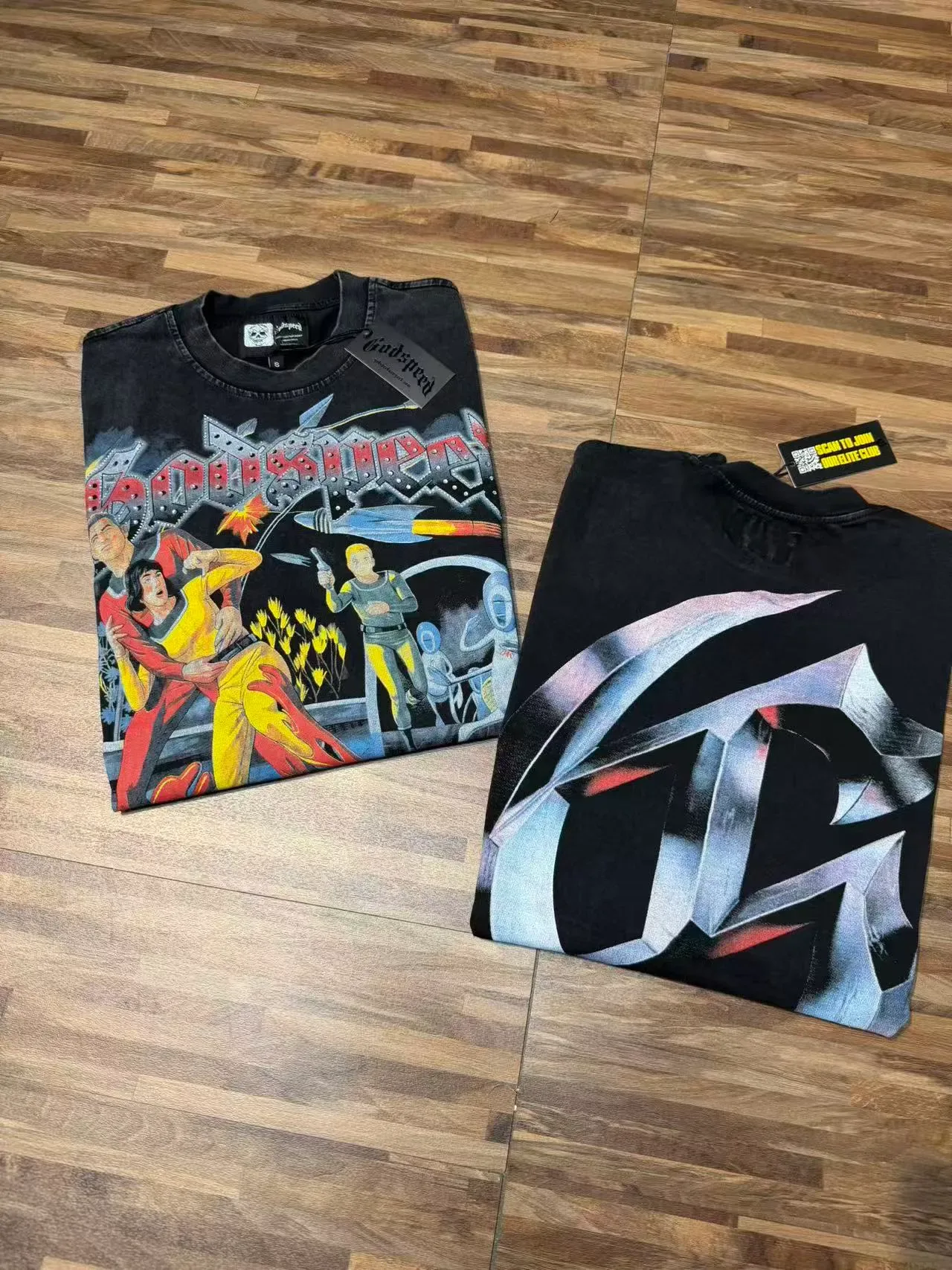 Distressed Acid-Wash Black Long-Sleeve Graphic T-Shirt 4