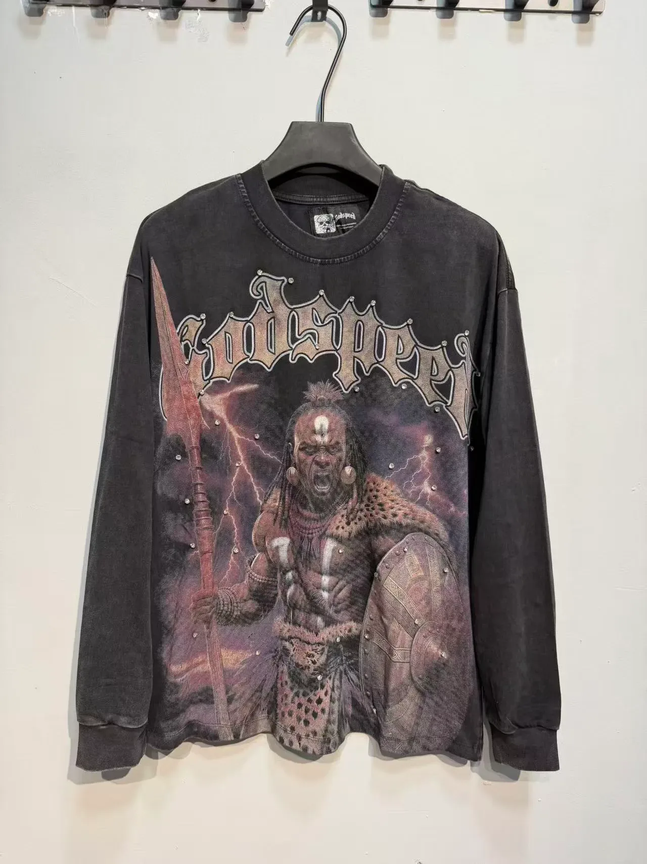 Distressed Acid-Wash Graphic Print Rhinestone Embellished Long-Sleeve T-Shirt 2