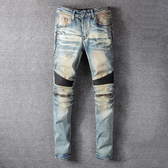 Distressed Light-Wash Moto-Style Jeans 5