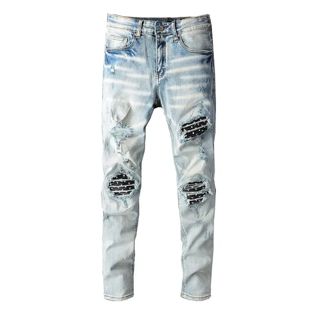 Distressed Light-Wash Slim-Fit Ripped Jeans 10