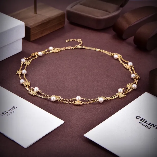 Double-Strand Gold-Tone Chain Pearl Accent Necklace 7