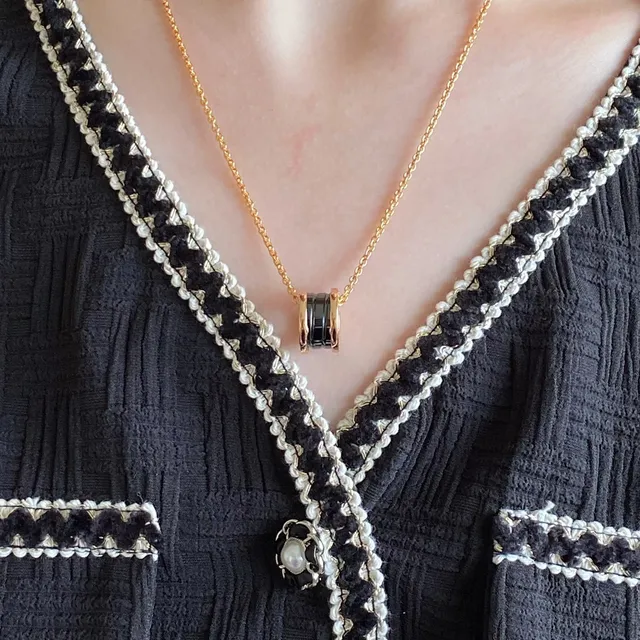 Dual-Tone Ceramic Cylinder Pendant Necklace 9
