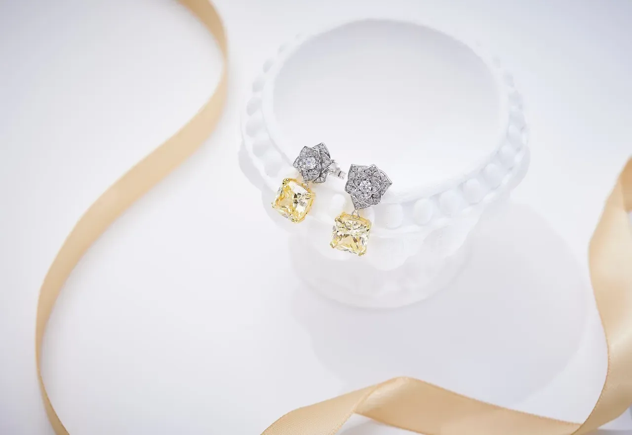 Emerald and Canary Yellow Diamond-Top Drop Earrings 6