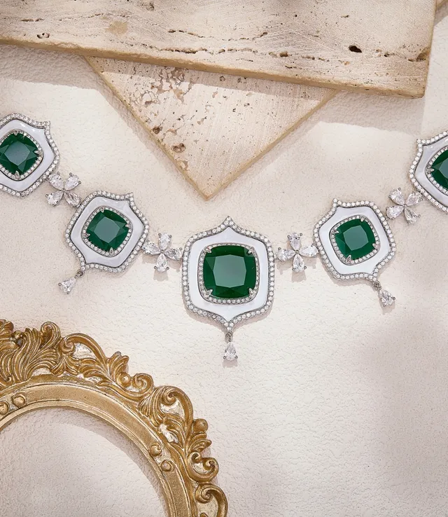 Emerald-Cut Green Gemstone and White Enamel Pavé Diamond Necklace 2
