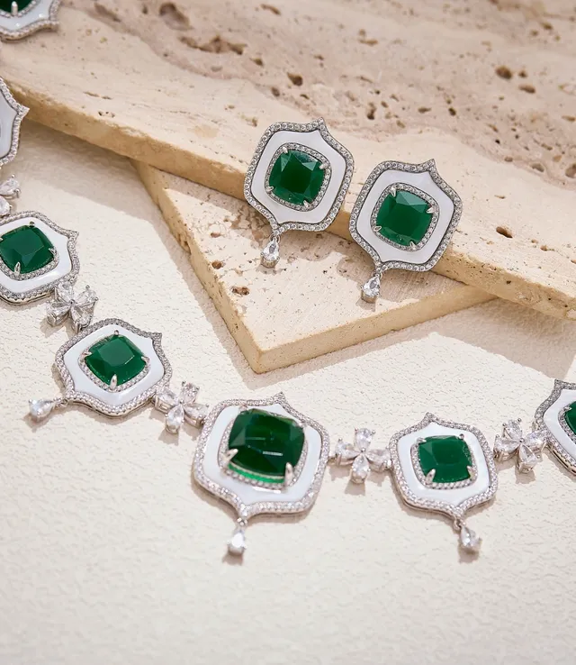 Emerald-Cut Green Gemstone and White Enamel Pavé Diamond Necklace 3