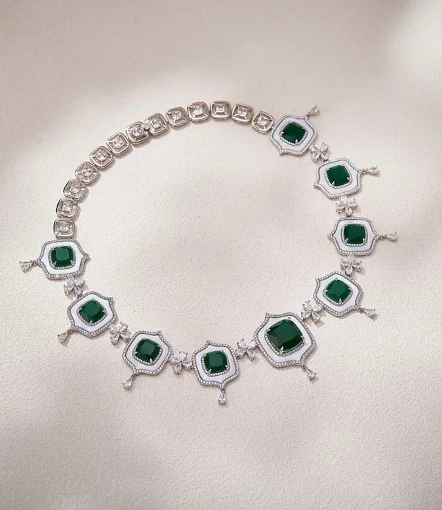 Emerald-Cut Green Gemstone and White Enamel Pavé Diamond Necklace 4