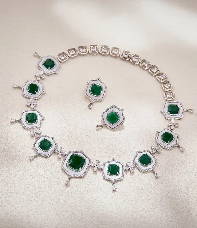 Emerald-Cut Green Gemstone and White Enamel Pavé Diamond Necklace 5