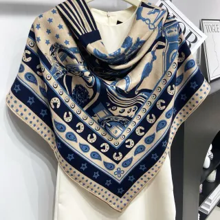 Equestrian-Print Beige and Navy Shawl