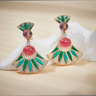Fan-Shaped Enamel and Cabochon Drop Earrings