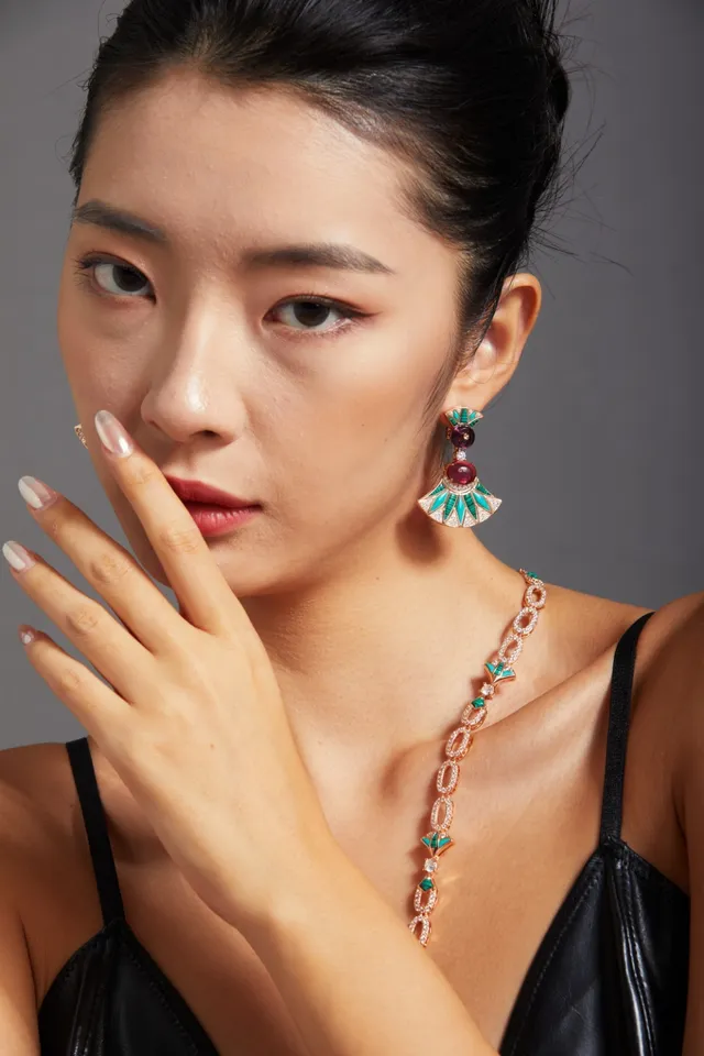 Fan-Shaped Enamel and Cabochon Drop Earrings 2