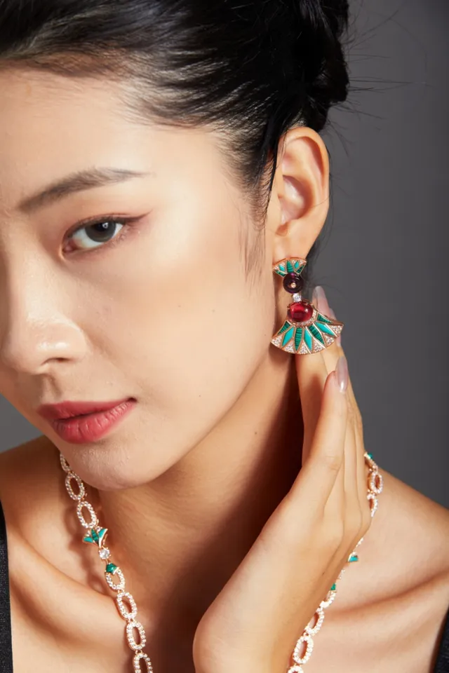 Fan-Shaped Enamel and Cabochon Drop Earrings 5
