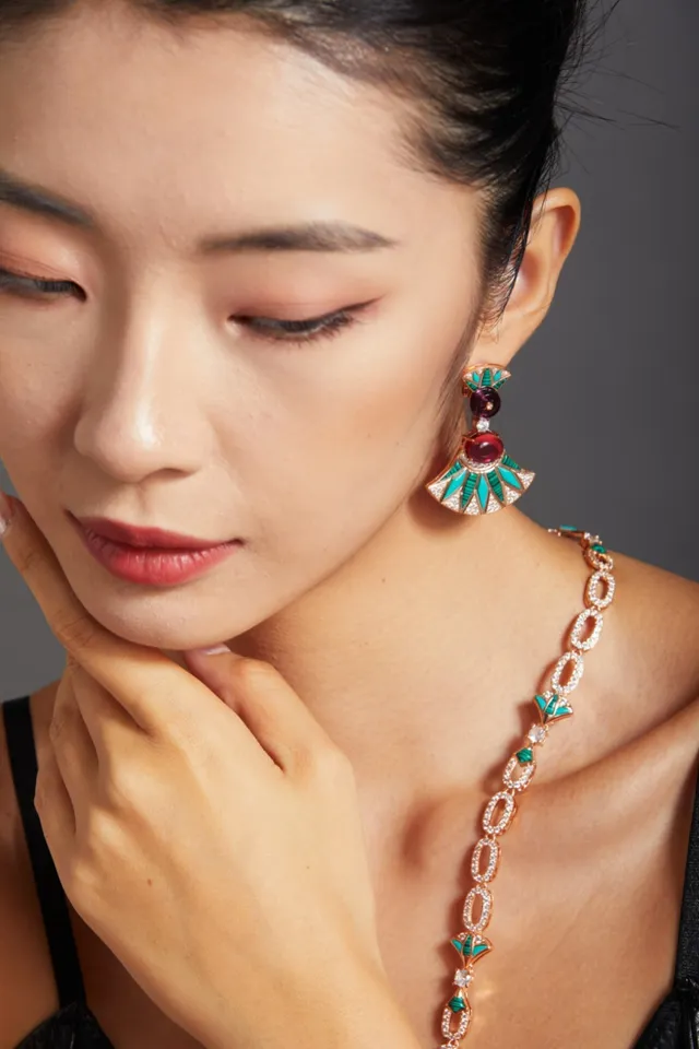 Fan-Shaped Enamel and Cabochon Drop Earrings 6