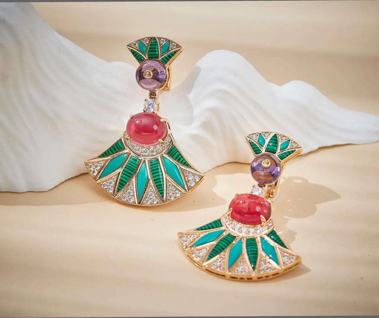 Fan-Shaped Enamel and Cabochon Drop Earrings 7