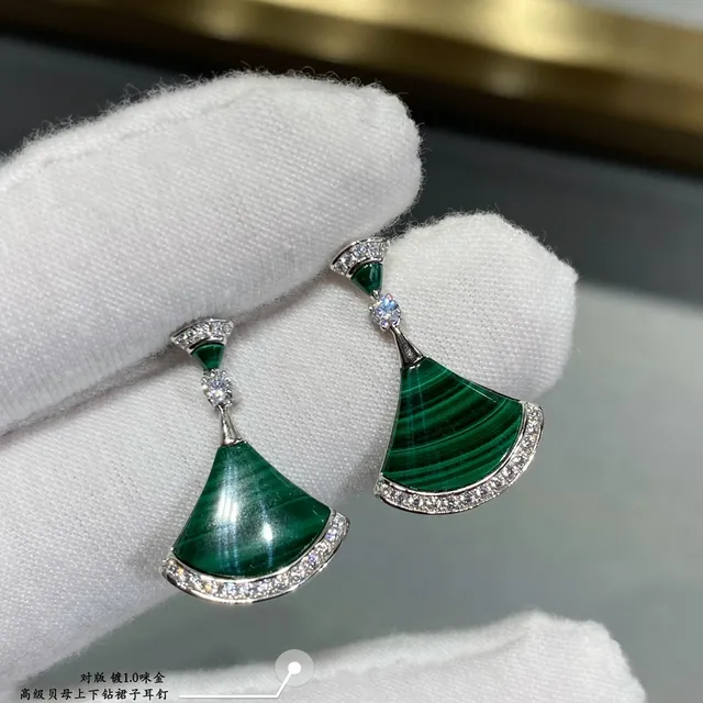 Fan-Shaped Gemstone-Inlaid Pavé-Bordered Drop Earrings 4
