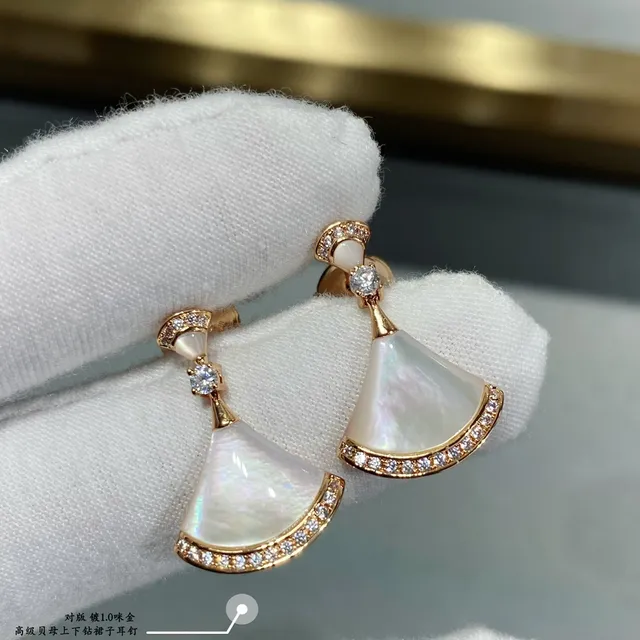 Fan-Shaped Gemstone-Inlaid Pavé-Bordered Drop Earrings 6