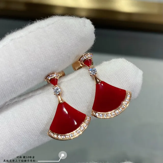 Fan-Shaped Gemstone-Inlaid Pavé-Bordered Drop Earrings 7
