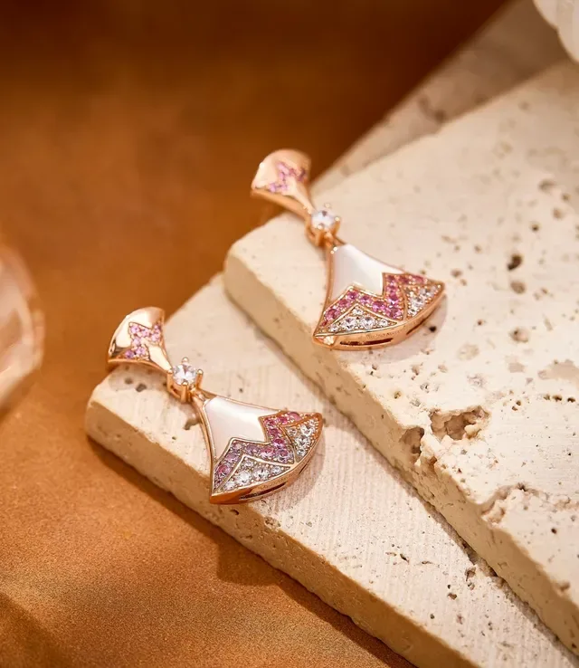 Fan-Shaped Mother-of-Pearl and Pink Sapphire Drop Earrings 4