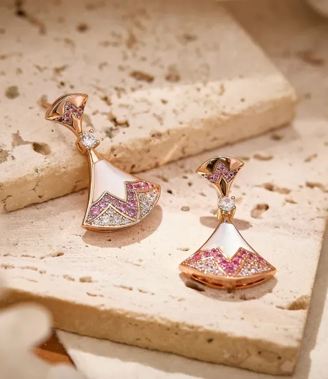 Fan-Shaped Mother-of-Pearl and Pink Sapphire Drop Earrings 5