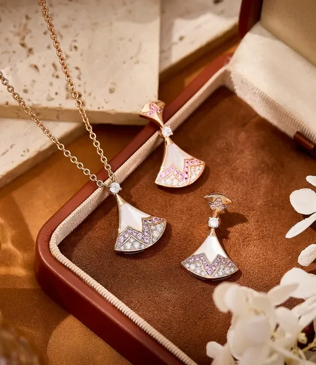 Fan-Shaped Mother-of-Pearl and Pink Sapphire Drop Earrings 6