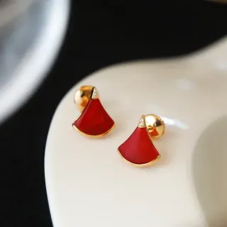Fan-Shaped Red Enamel and Gold-Tone Stud Earrings