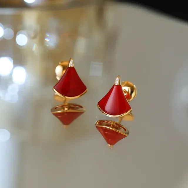 Fan-Shaped Red Enamel and Gold-Tone Stud Earrings 8