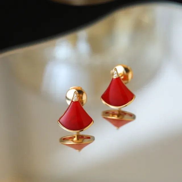 Fan-Shaped Red Enamel and Gold-Tone Stud Earrings 9