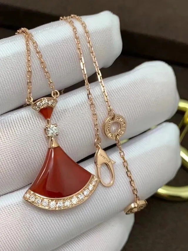 Fan-Shaped Red Stone and Pavé Diamond Pendant Necklaces 3