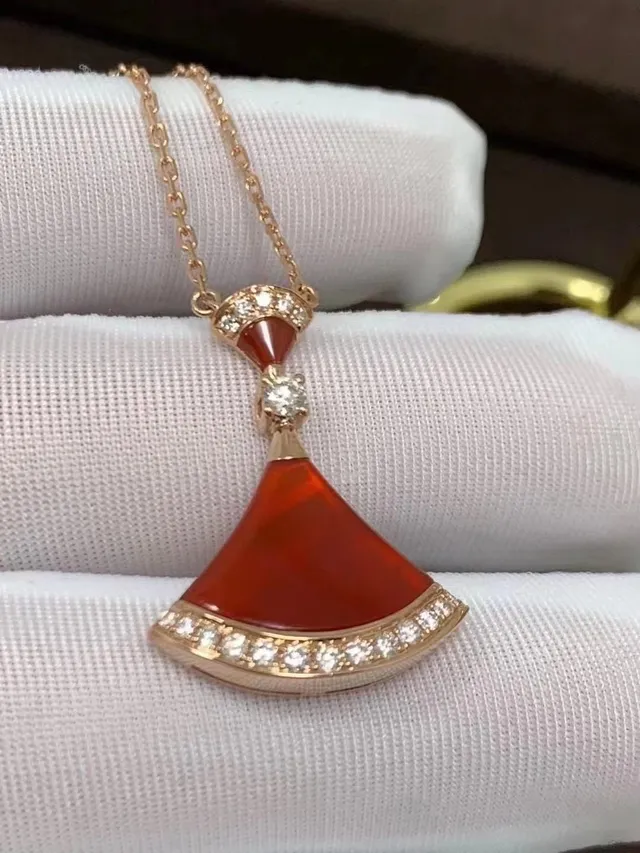 Fan-Shaped Red Stone and Pavé Diamond Pendant Necklaces 5