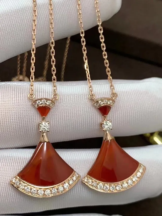 Fan-Shaped Red Stone and Pavé Diamond Pendant Necklaces 6
