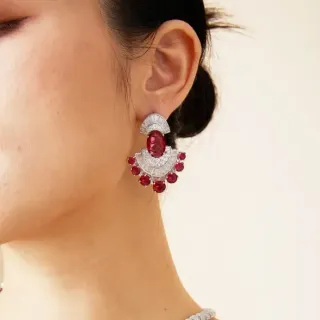 Fan-Shaped Ruby and Diamond Gemstone Dangling Earrings