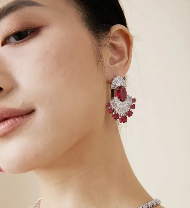 Fan-Shaped Ruby and Diamond Gemstone Dangling Earrings 4