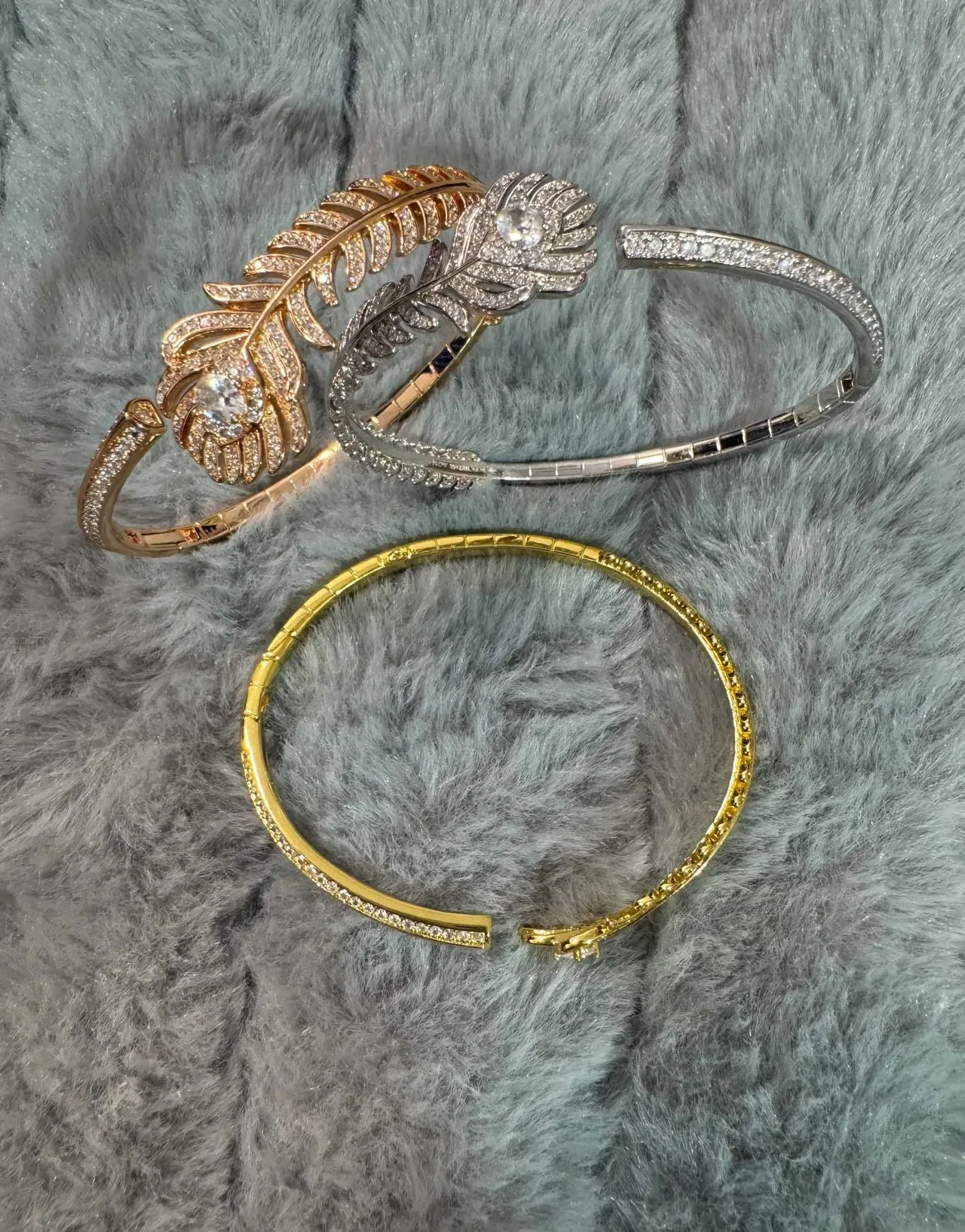 Feather Motif Pavé-Set Open Cuff Bracelet 2