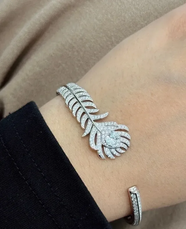 Feather Motif Pavé-Set Open Cuff Bracelet 6