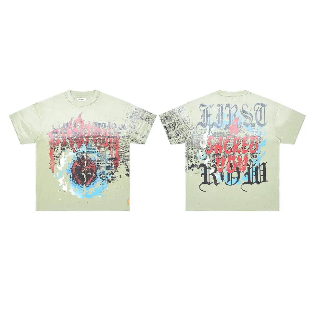 FIRST ROW Graphic-Print Embellished Pale Green T-Shirt 2