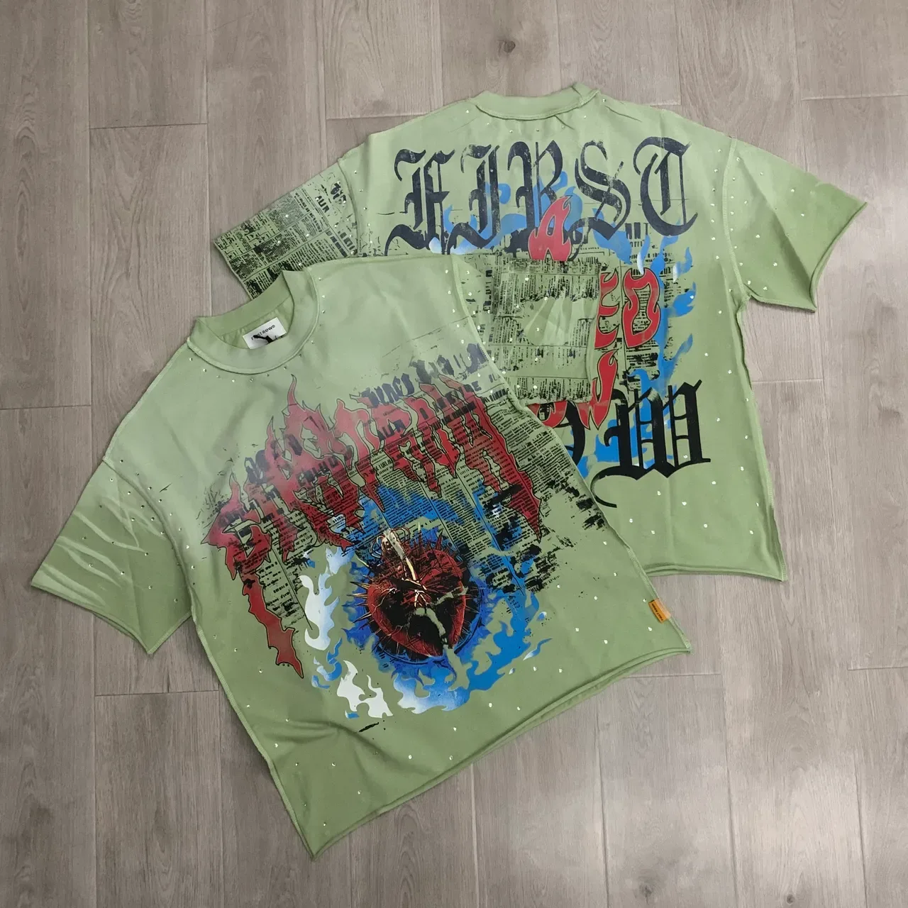 FIRST ROW Graphic-Print Embellished Pale Green T-Shirt 4
