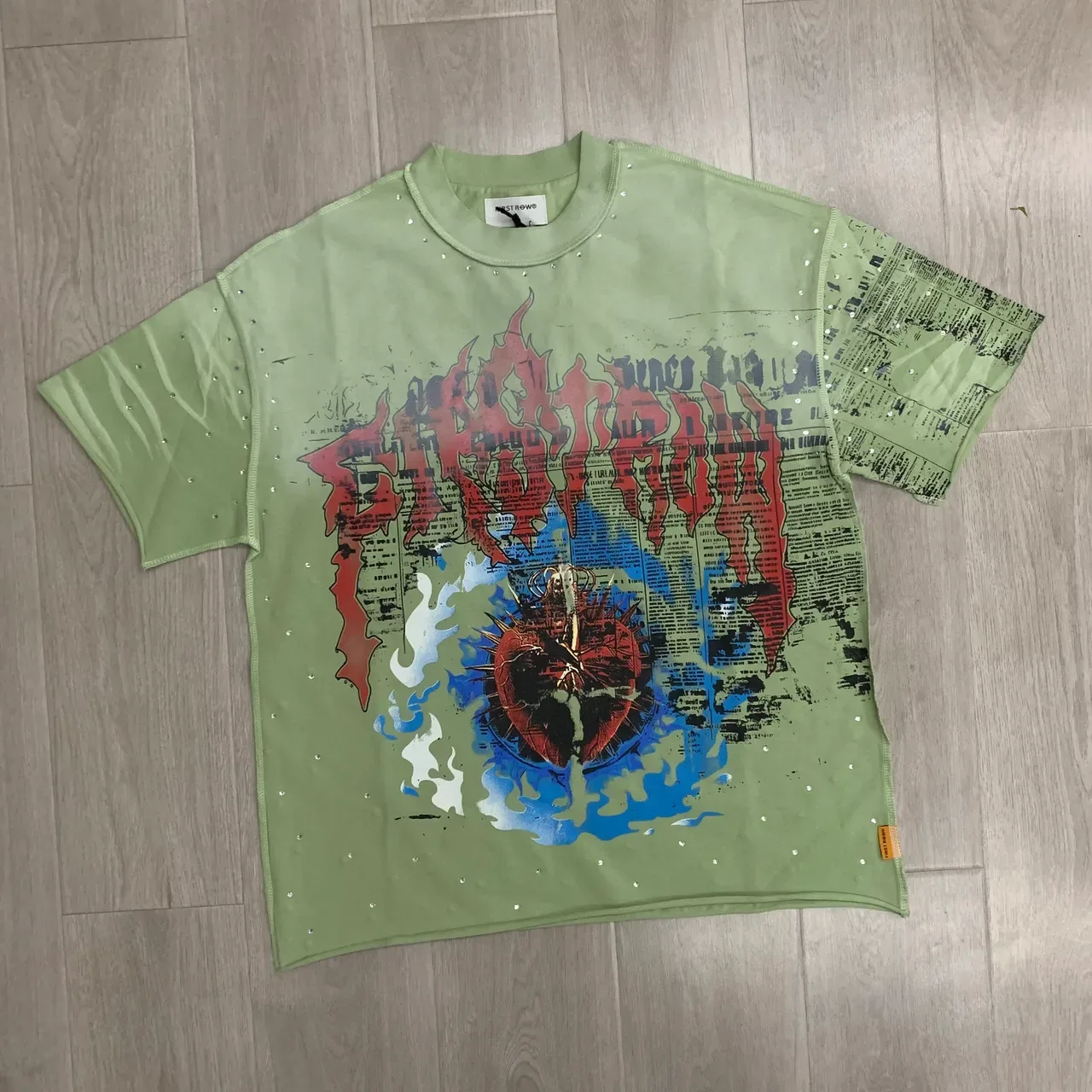 FIRST ROW Graphic-Print Embellished Pale Green T-Shirt 5