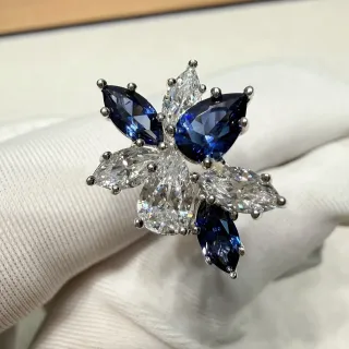 Floral Cluster Marquise-Cut Blue and Clear Gemstone Ring