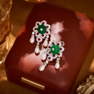 Floral Motif Jade Ruby Diamond Pearl Drop Earrings