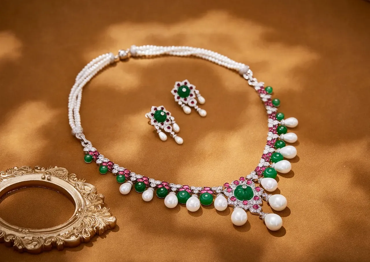 Floral Motif Jade Ruby Diamond Pearl Drop Earrings 2