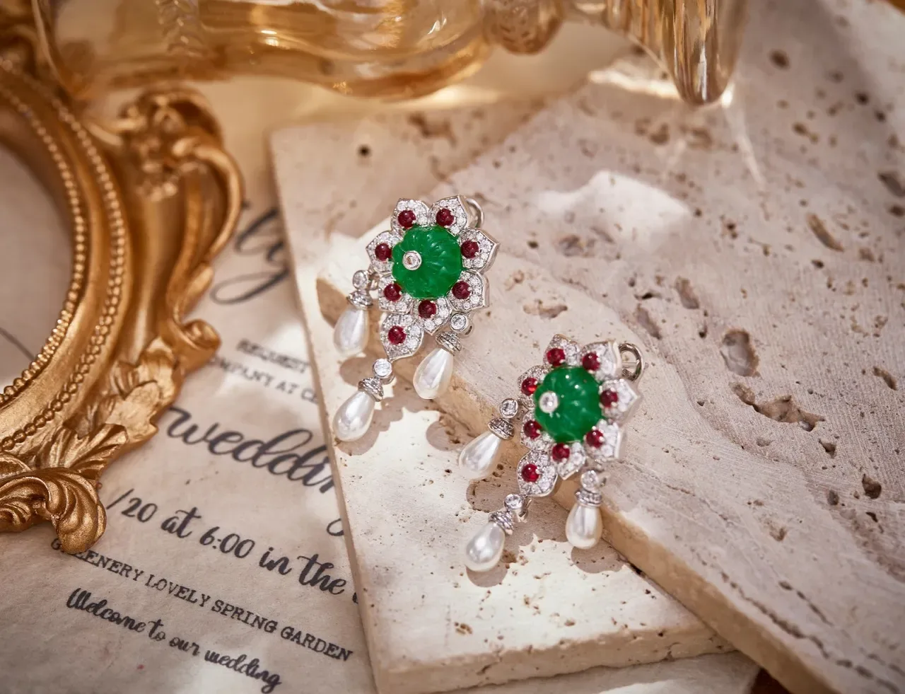 Floral Motif Jade Ruby Diamond Pearl Drop Earrings 3