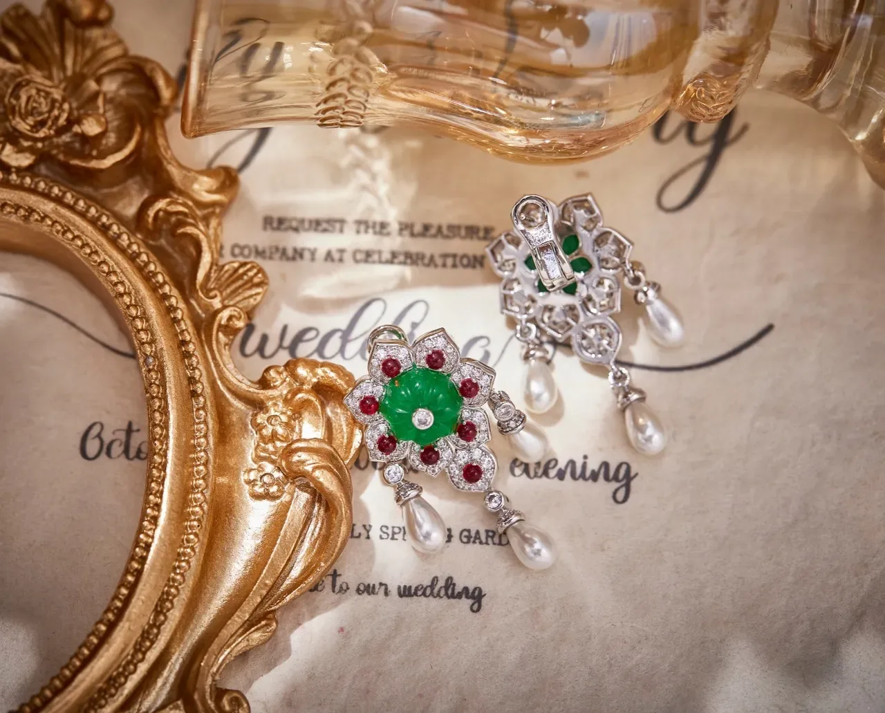 Floral Motif Jade Ruby Diamond Pearl Drop Earrings 4