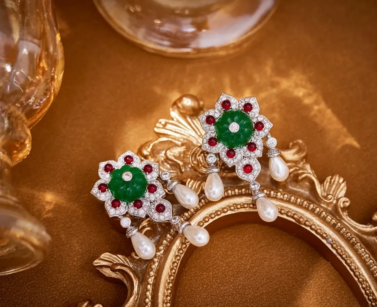 Floral Motif Jade Ruby Diamond Pearl Drop Earrings 5