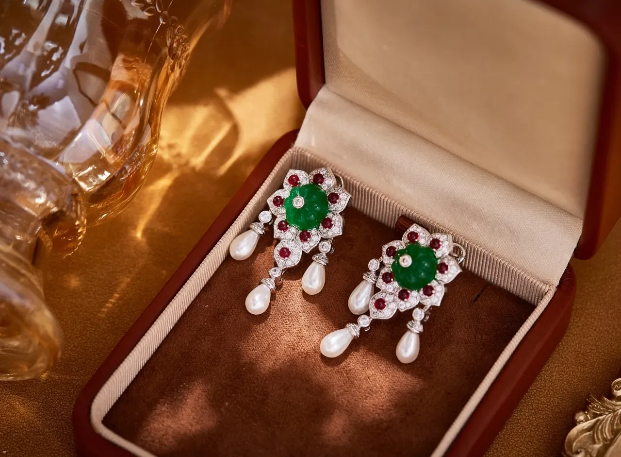 Floral Motif Jade Ruby Diamond Pearl Drop Earrings 6