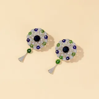 Floral Motif Multi-Gem Pavé Diamond Drop Earrings