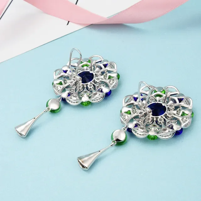 Floral Motif Multi-Gem Pavé Diamond Drop Earrings 2