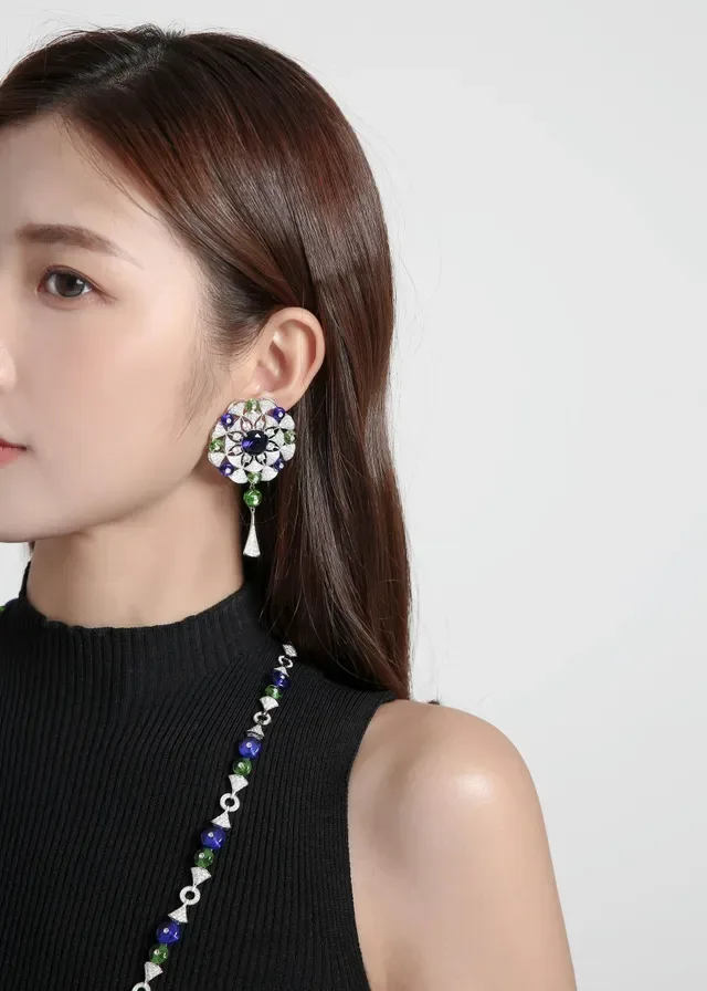 Floral Motif Multi-Gem Pavé Diamond Drop Earrings 4