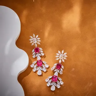 Floral Motif Pink and Clear Stone Chandelier Earrings