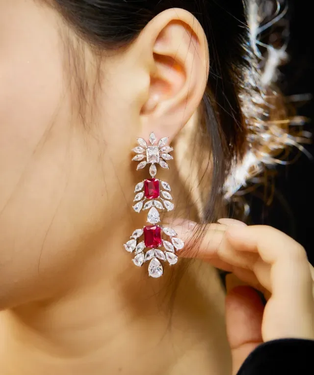 Floral Motif Pink and Clear Stone Chandelier Earrings 4