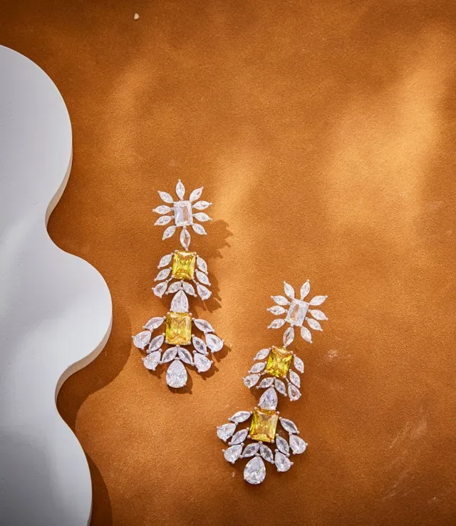 Floral Motif Pink and Clear Stone Chandelier Earrings 6
